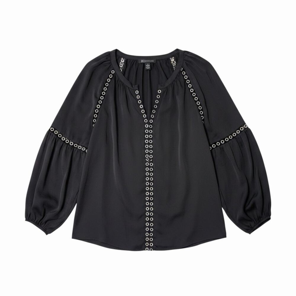 INC Int Concepts Grommet-Trim Peasant Top Black Blouson Loose Fit Sz L - Picture 3 of 6